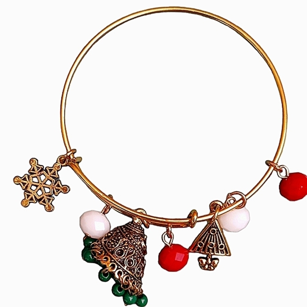 Christmas Charm Bracelet Gold Red Green Tree Bell Snowflake Beads